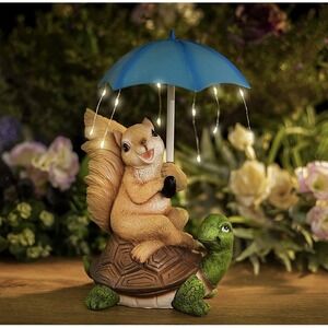 Solar Garden Statue Outdoor Decor - Squirrel Sits on Turtle W/Red Umbrella